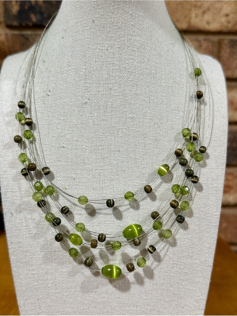 Vintage 90s multi strand illusion green cats  eye beaded necklace